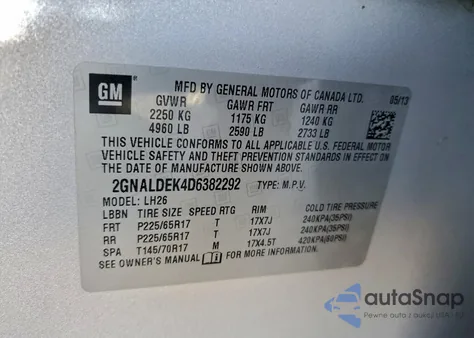 2013 Chevrolet Equinox Lt из США, поврежденный, VIN 2GNALDEK4D6382292